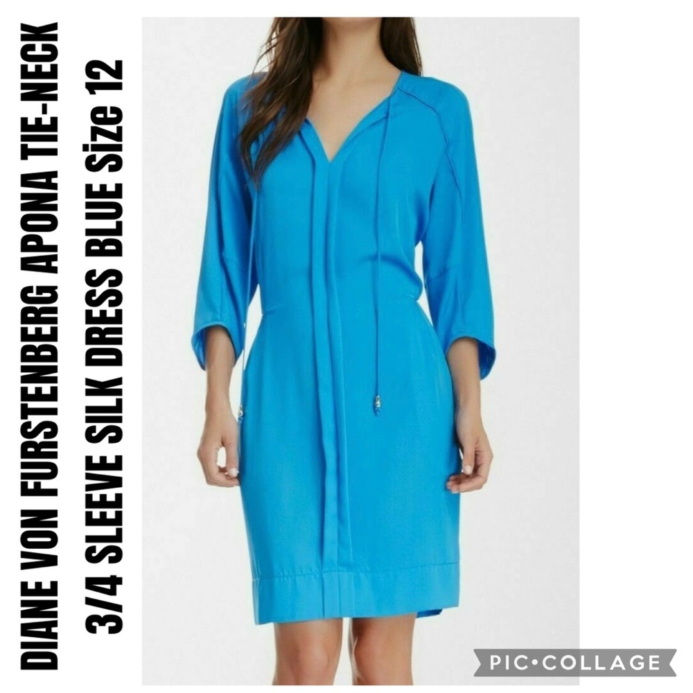DIANE VON FURSTENBERG APONA TIE-NECK 3/4 SLEEVE SILK DRESS BLUE Size 12